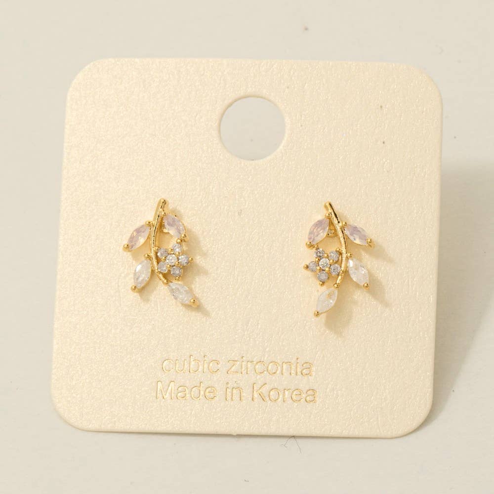 Gold Dipped Cz Leaf Drop Earrings