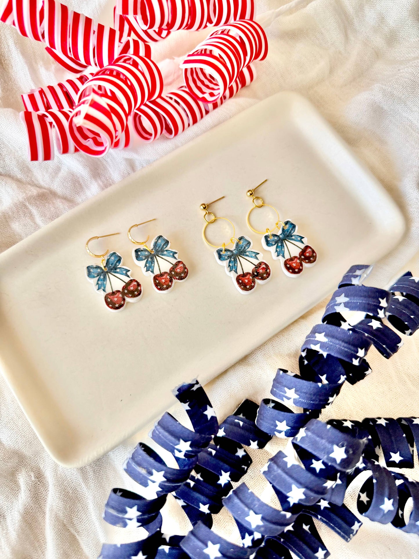 Patriotic Cherry Clay Earrings, Stars and Stripes Earrings