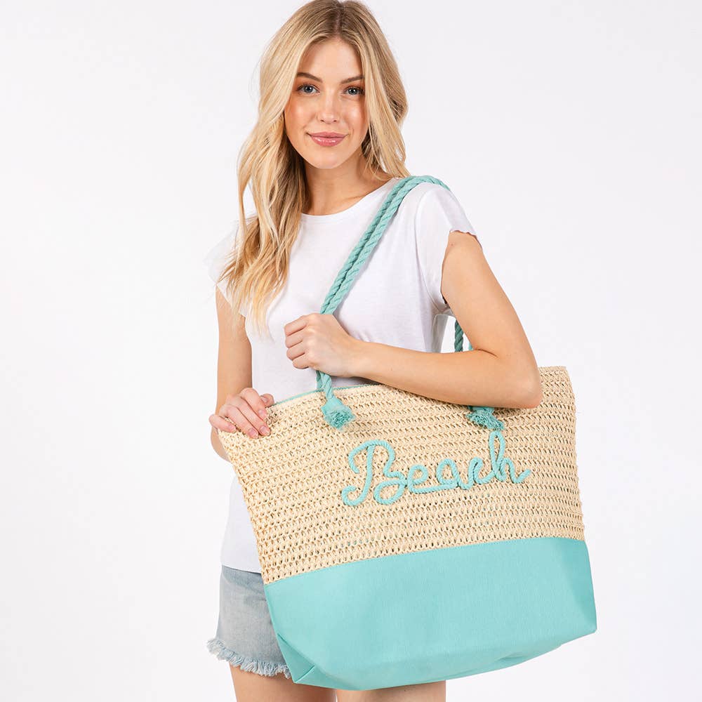 BEACH Message Embroidered Rope Handle Crochet Tote Bag