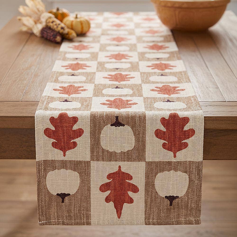 Fall Autumn Pumpkin Leaf Checkered Pattern Printed Table Runner