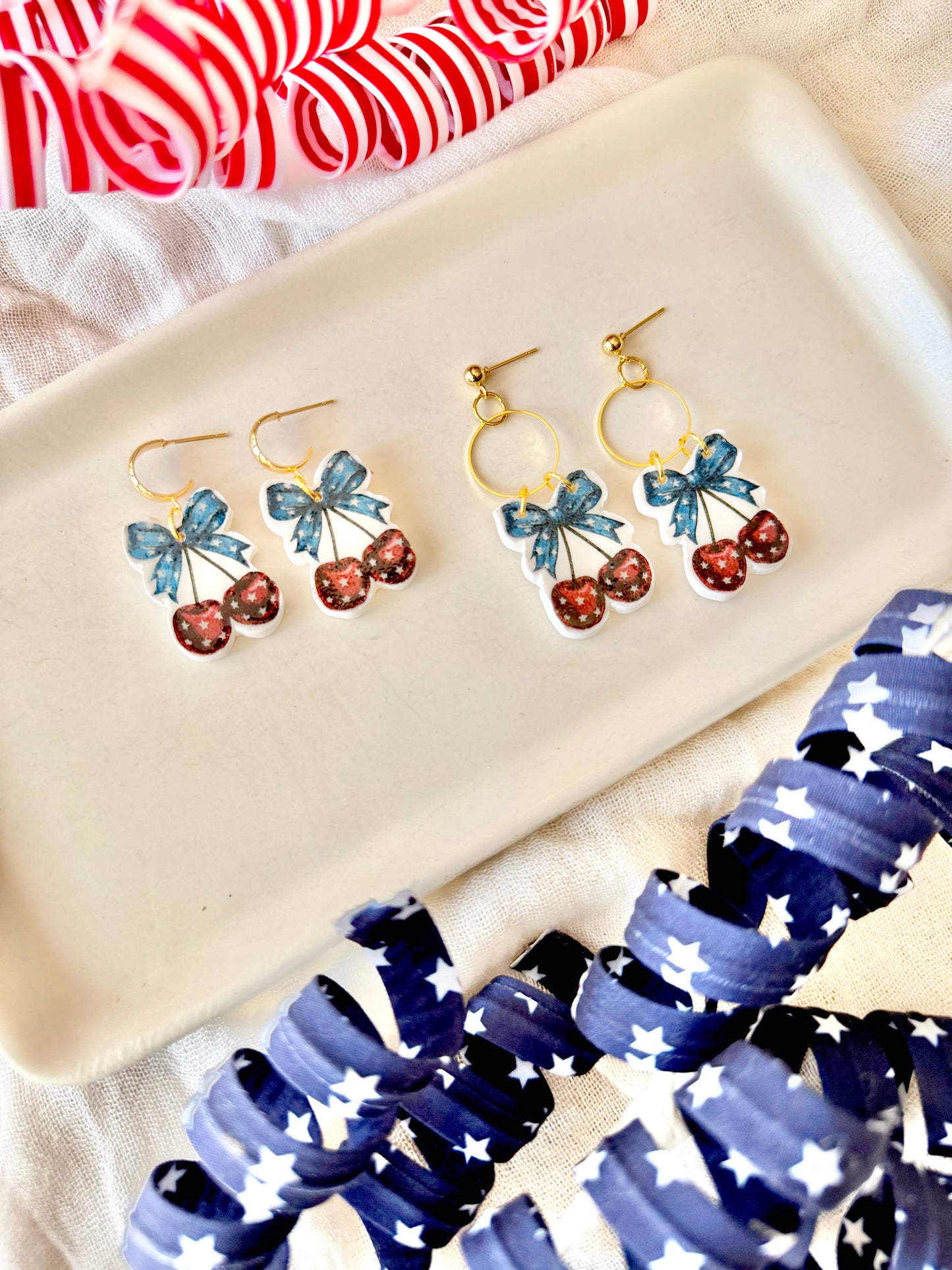 Patriotic Cherry Clay Earrings, Stars and Stripes Earrings