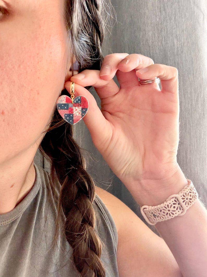 Patchwork Heart Earrings, Patriotic Heart Earrings, Heart Clay Earrings, Patriotic Earrings, July Fourth Earrings, July Clay Earrings