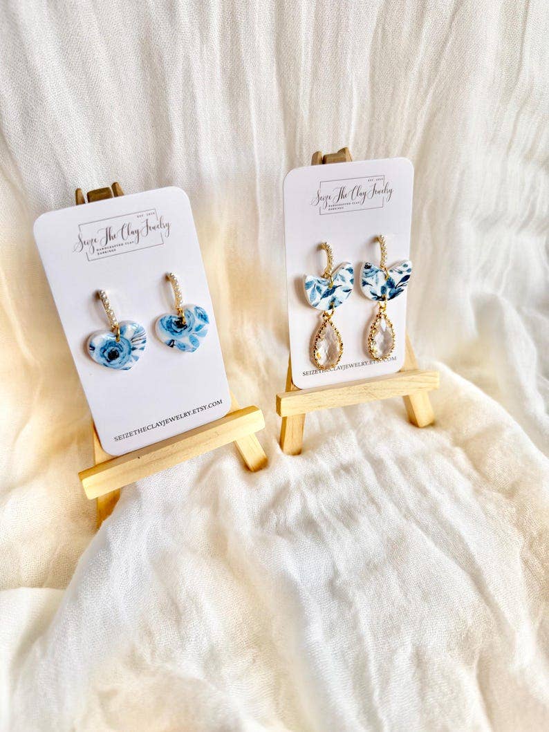 Blue Floral Heart Earrings, Blue Floral Earrings