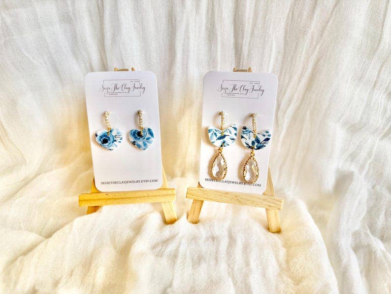 Blue Floral Heart Earrings, Blue Floral Earrings