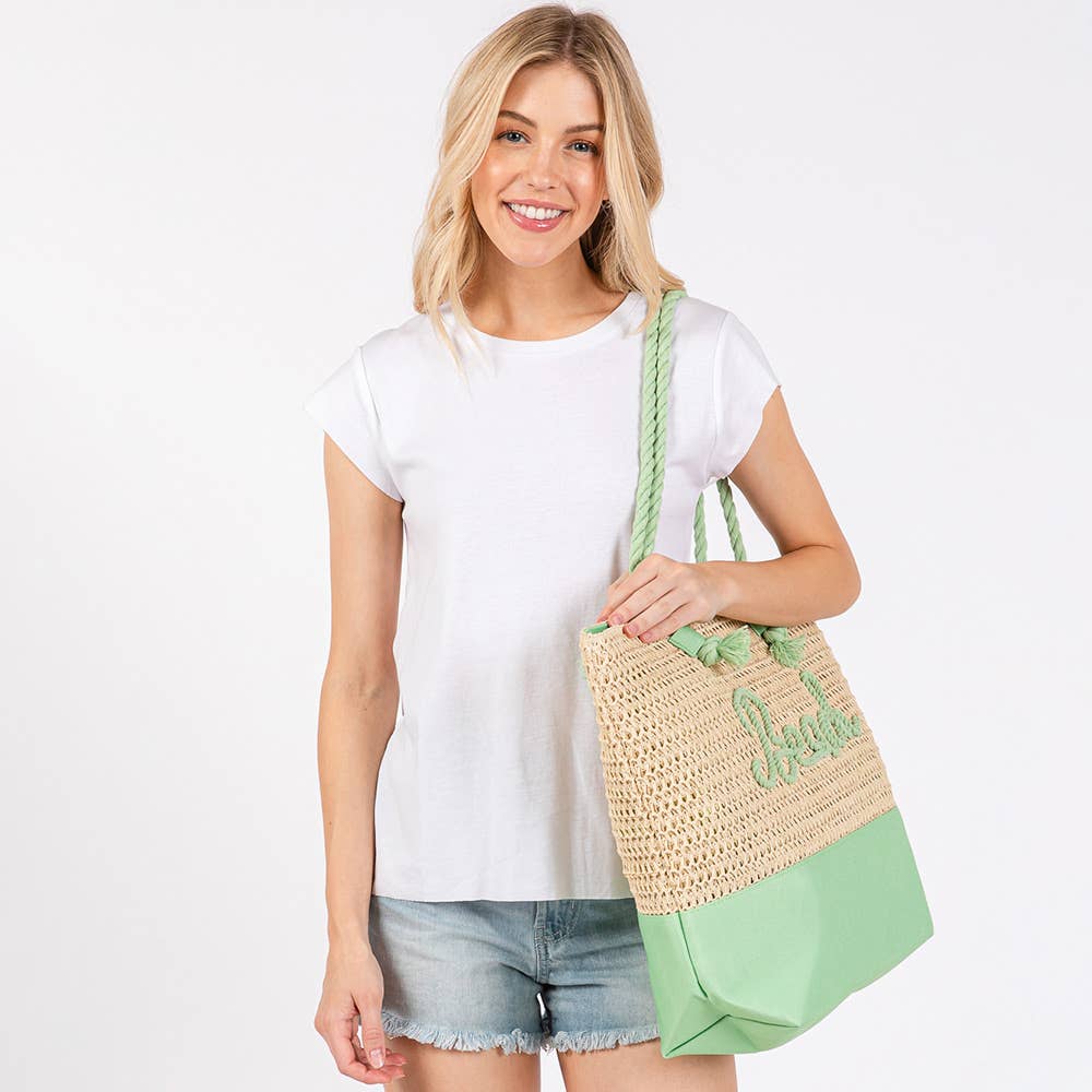 BEACH Message Embroidered Rope Handle Crochet Tote Bag