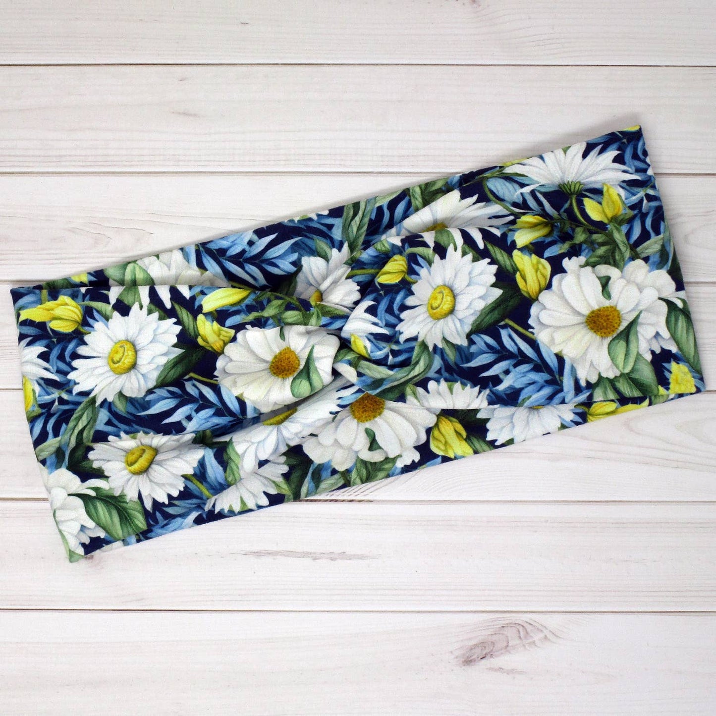 Daisy White and Blue Floral Print Knit Soft Twist Headband