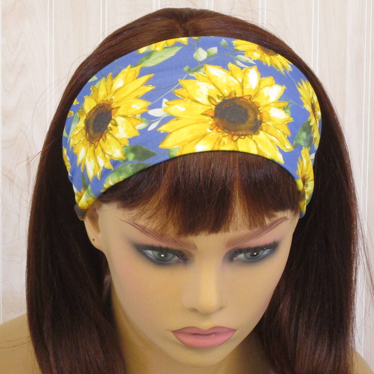 Sunflower Watercolor Print on Blue Knit Twist Headband