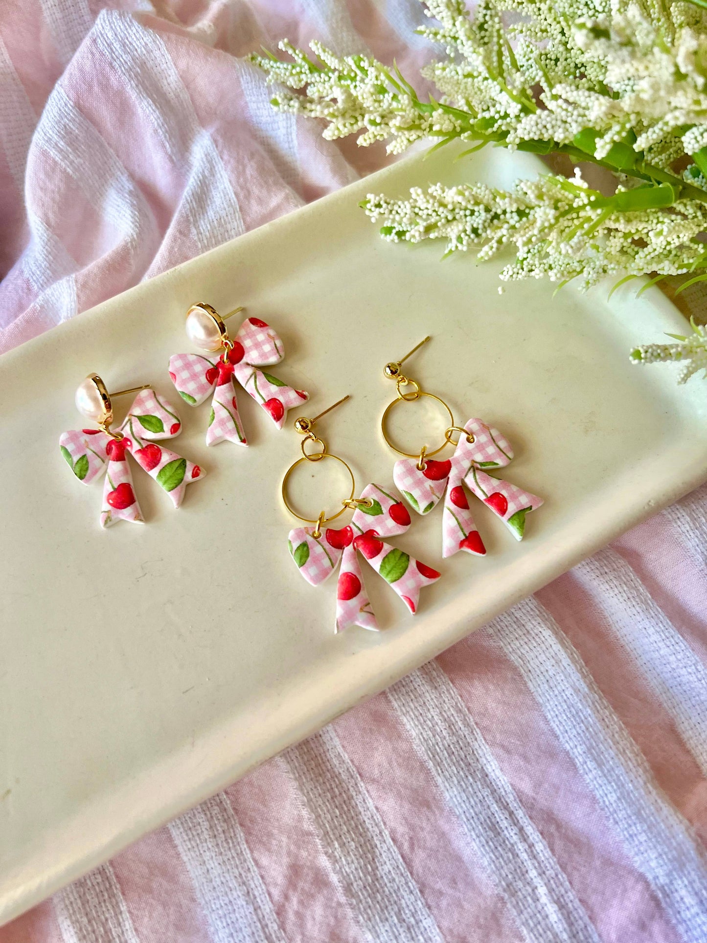 Cherry Bow Earrings, Cherry Clay Earrings, Bow Clay Earrings
