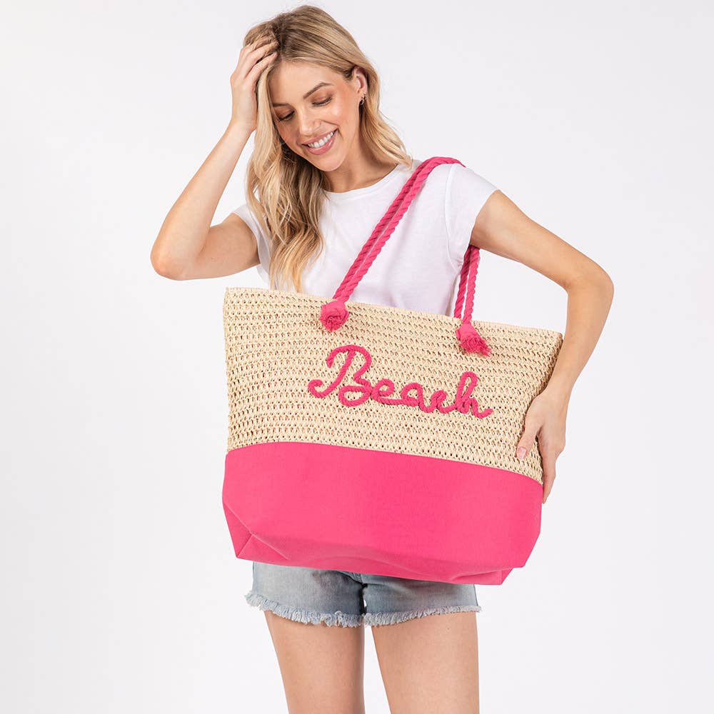 BEACH Message Embroidered Rope Handle Crochet Tote Bag