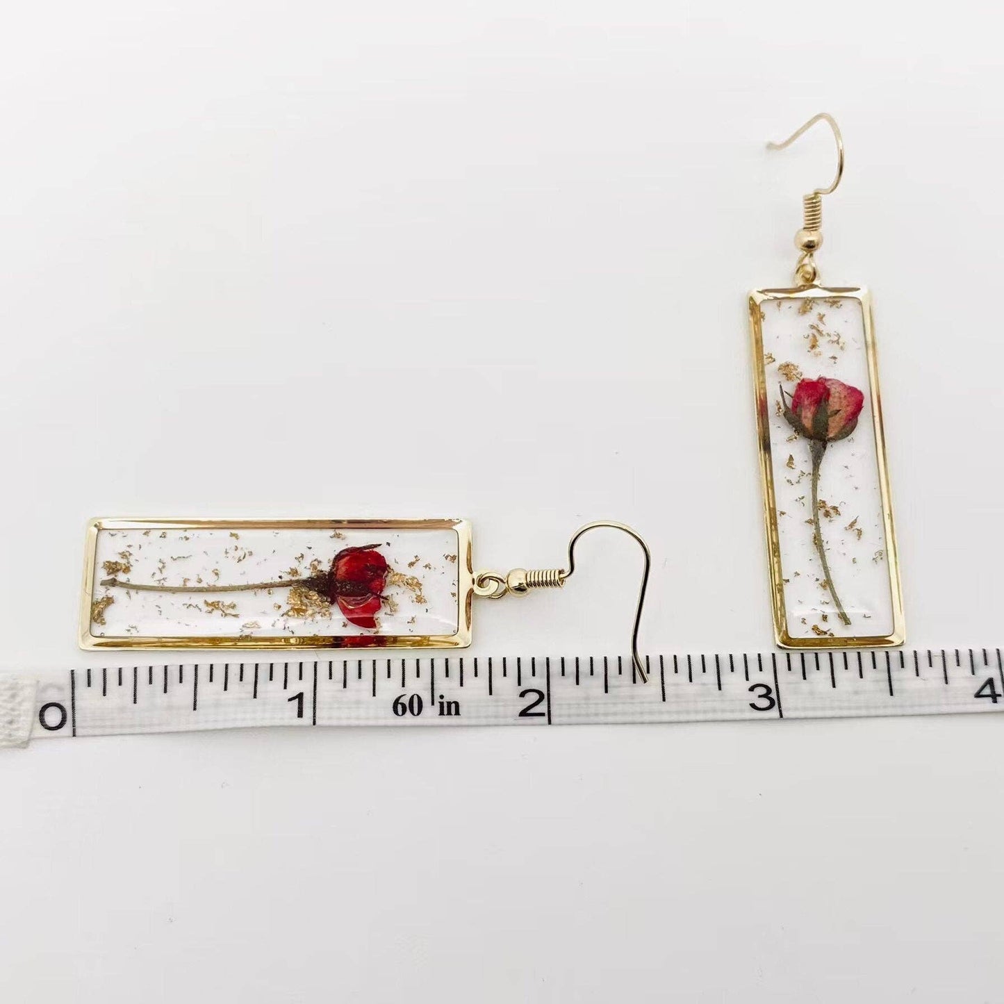 Rectangular Genuine Rose Dried Flowers Dangle Earrings - PDF