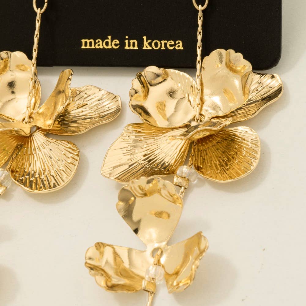 Layered Metallic Flowers And Pearl Dangle Earrings