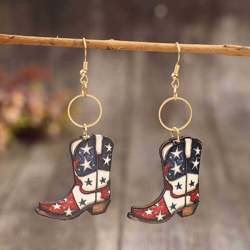 USA Vintage Western Boots Pentagram Wooden Earrings SP529
