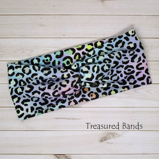 Leopard Print on Rainbow Shimmer Comfy Knit Twist Headband