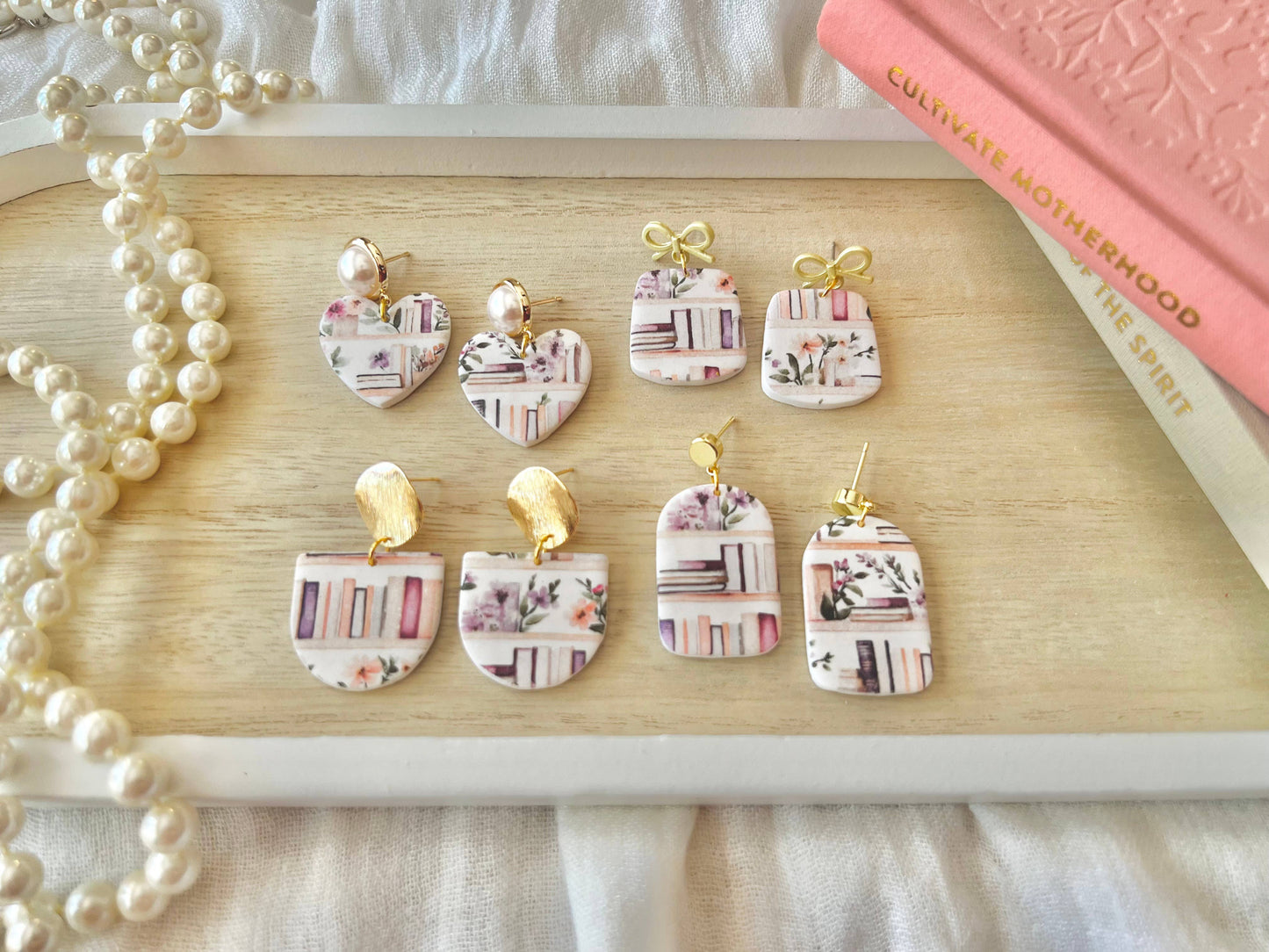Bookshelf Earrings, Book Clay Earrings, Book Heart Earrings