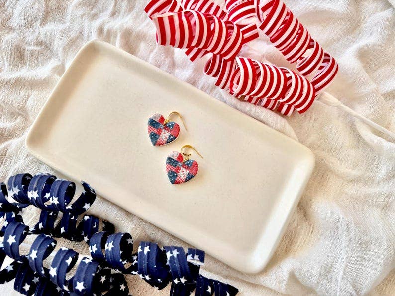 Patchwork Heart Earrings, Patriotic Heart Earrings, Heart Clay Earrings, Patriotic Earrings, July Fourth Earrings, July Clay Earrings