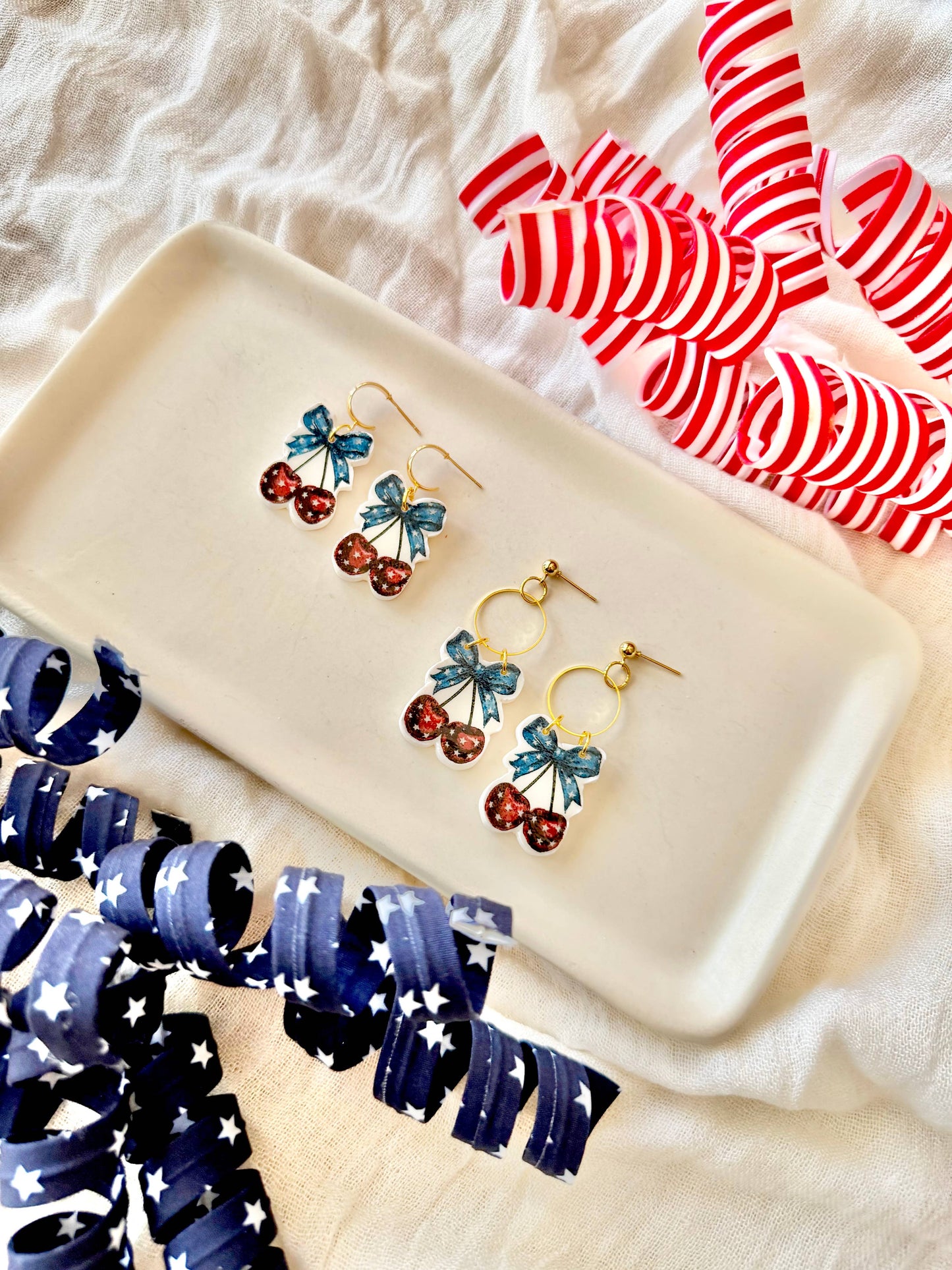 Patriotic Cherry Clay Earrings, Stars and Stripes Earrings