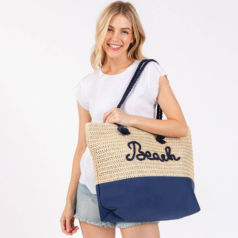 BEACH Message Embroidered Rope Handle Crochet Tote Bag