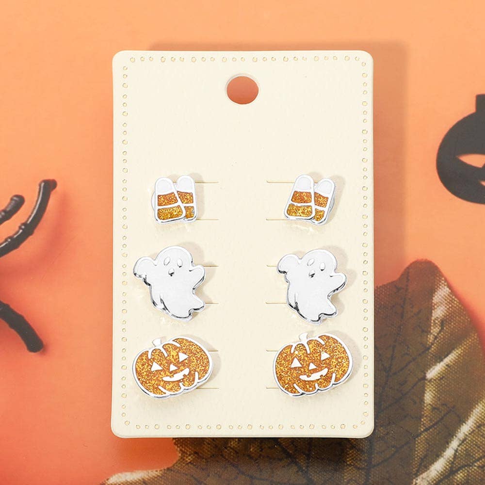 3Pairs - Halloween Candy Corn Ghost Pumpkin Stud Earring Set