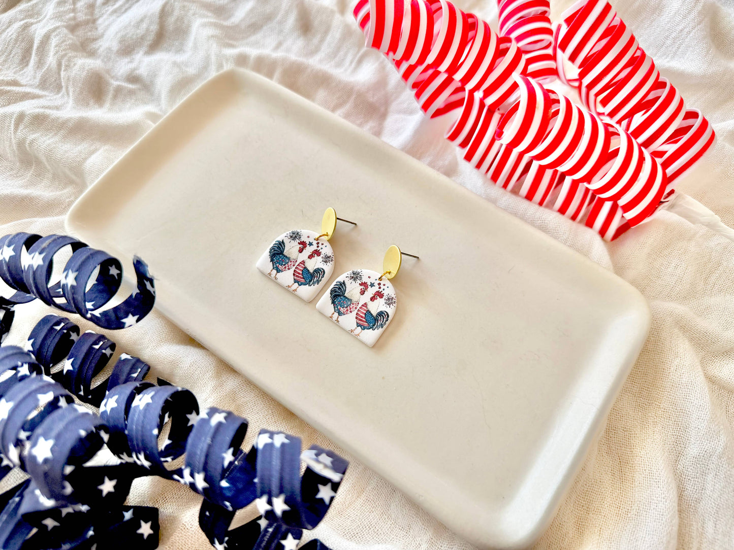 Patriotic Chicken Earrings, Chicken Clay Earrings