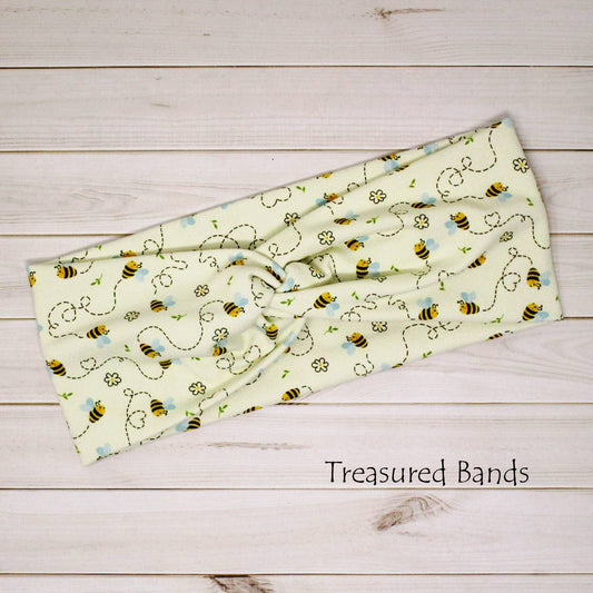 Bees Busy Buzzing on Cream Cute Comfy Knit Twist Headband