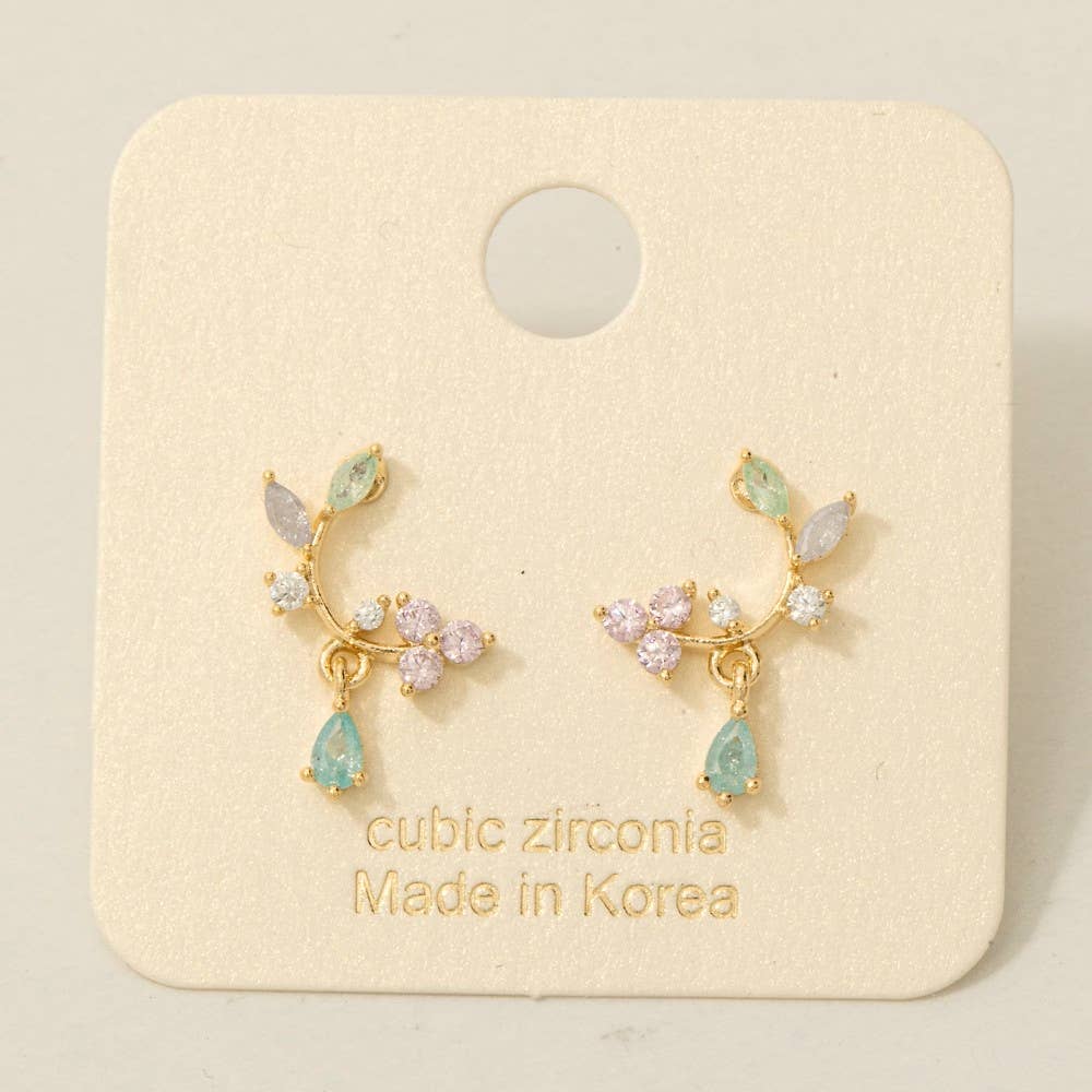 Gold Dipped Leaf And Flower Cz Earrings