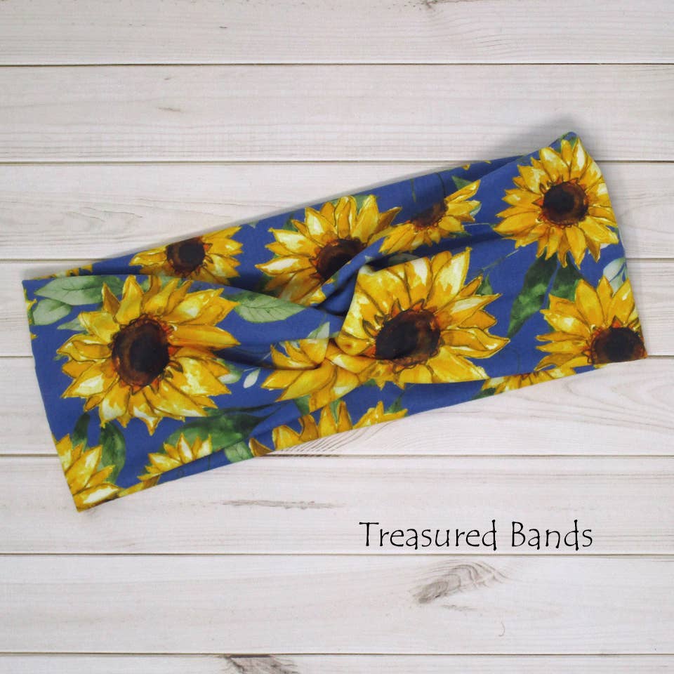 Sunflower Watercolor Print on Blue Knit Twist Headband