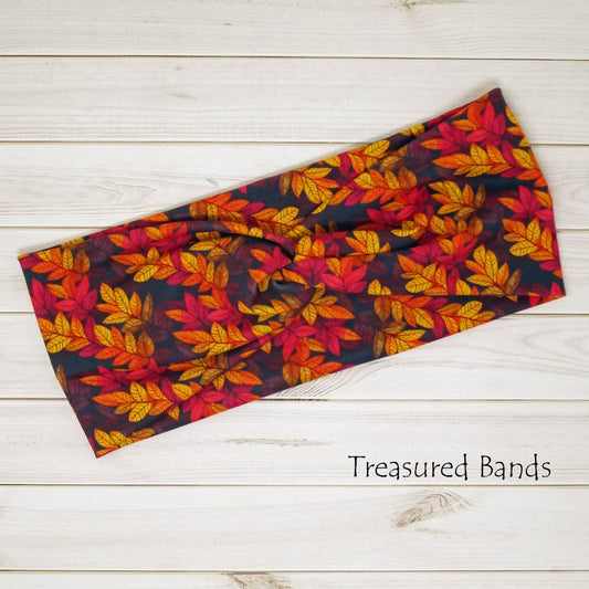 Fall Brilliant Leaves on Dark Print Knit Twist Headband