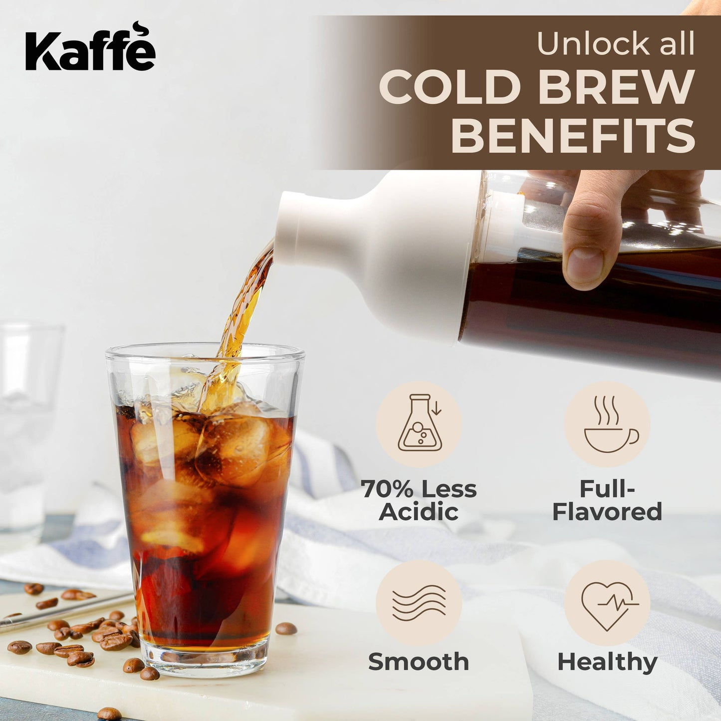 Kaffe Cold Brew Coffee Maker, Glass Coffee Pitcher. 1L