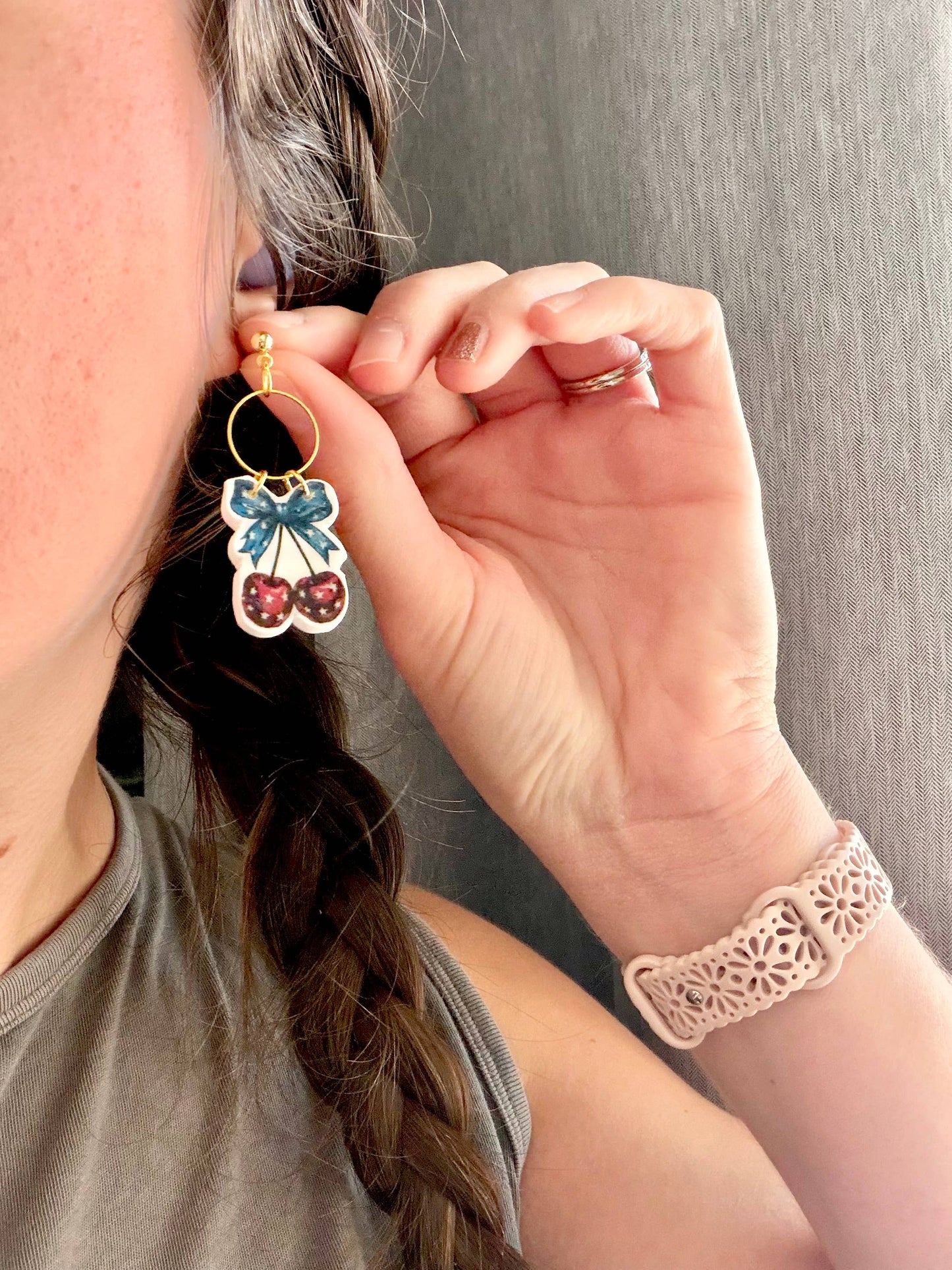 Patriotic Cherry Clay Earrings, Stars and Stripes Earrings
