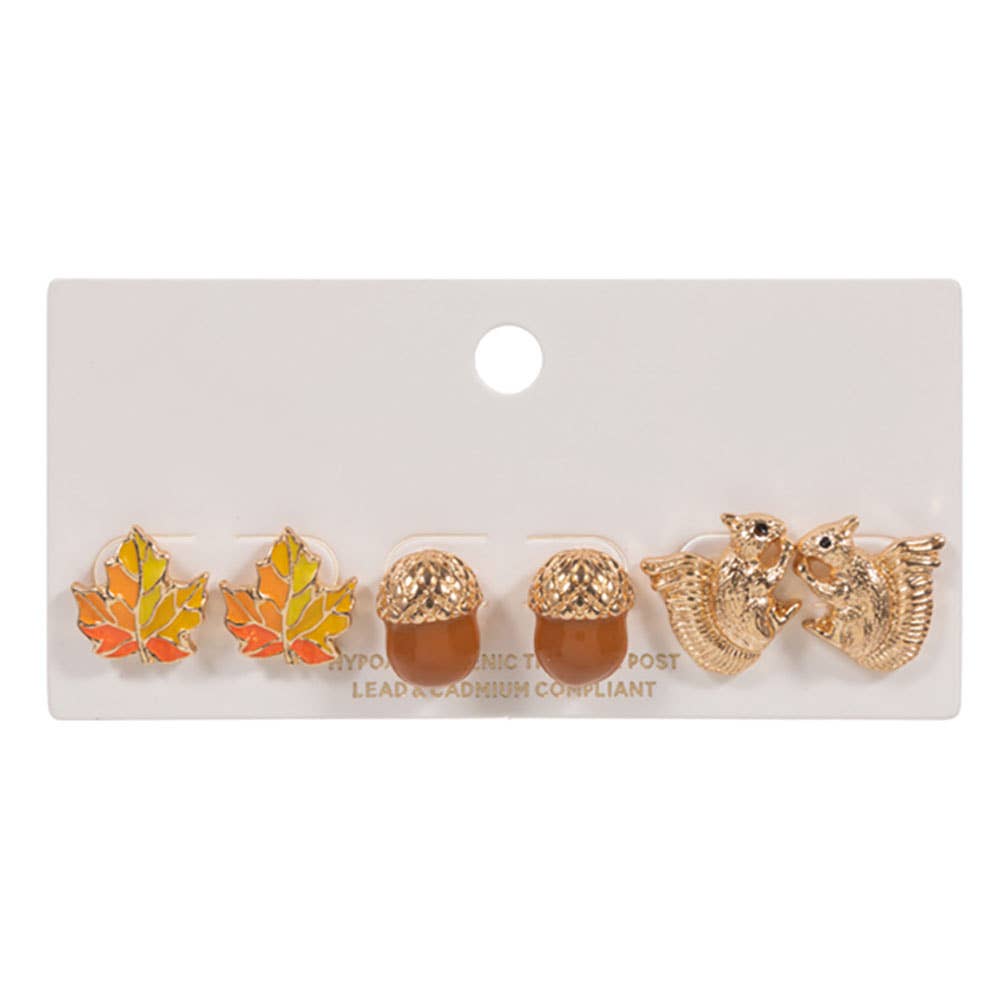 3Pairs - Autumn Leaf Acorn Squirrel Stud Earring Set