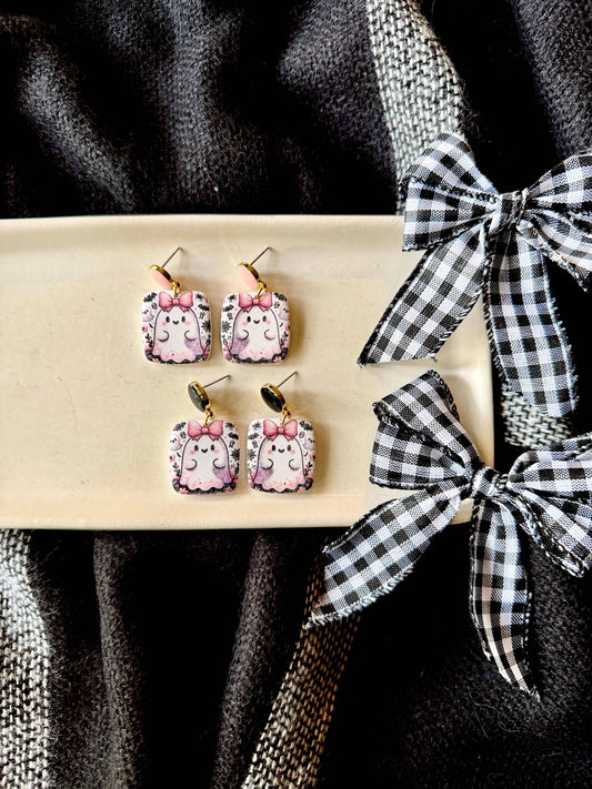 Girly Ghost Earrings, Ghost Clay Earrings, Halloween Earring