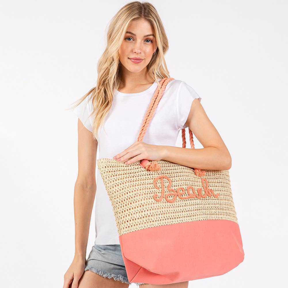 BEACH Message Embroidered Rope Handle Crochet Tote Bag