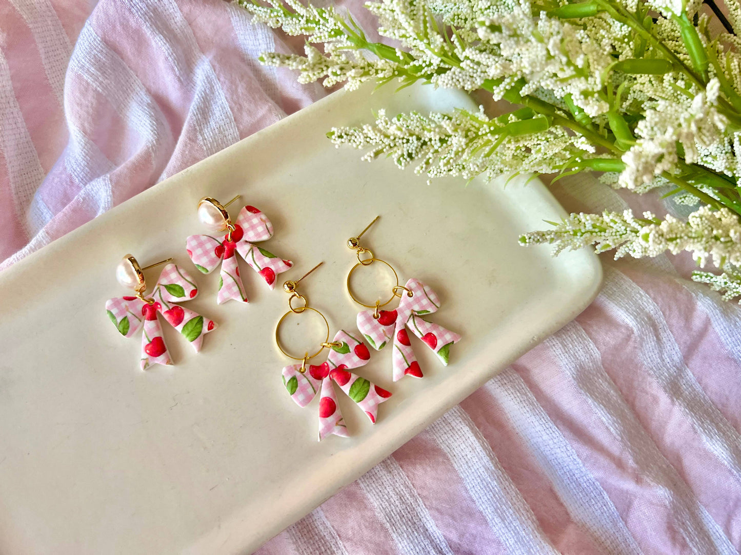 Cherry Bow Earrings, Cherry Clay Earrings, Bow Clay Earrings