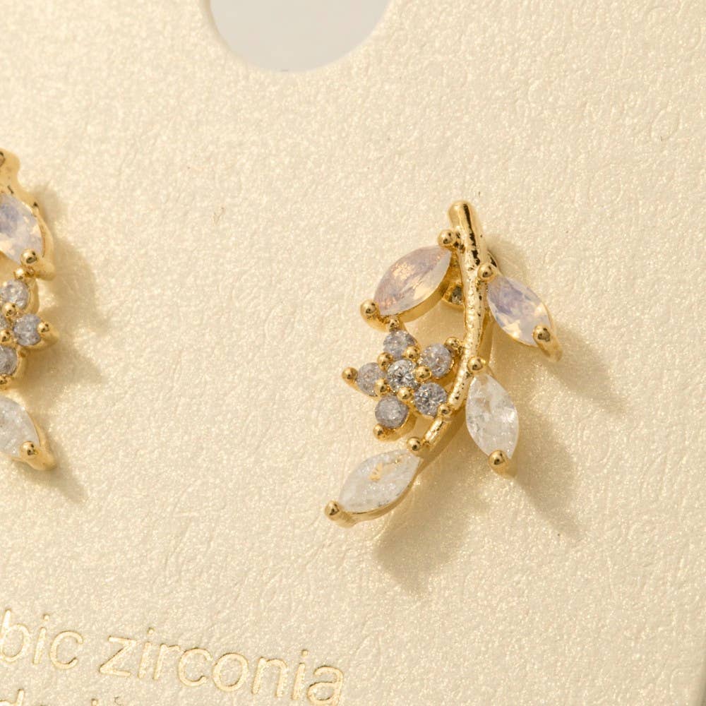 Gold Dipped Cz Leaf Drop Earrings