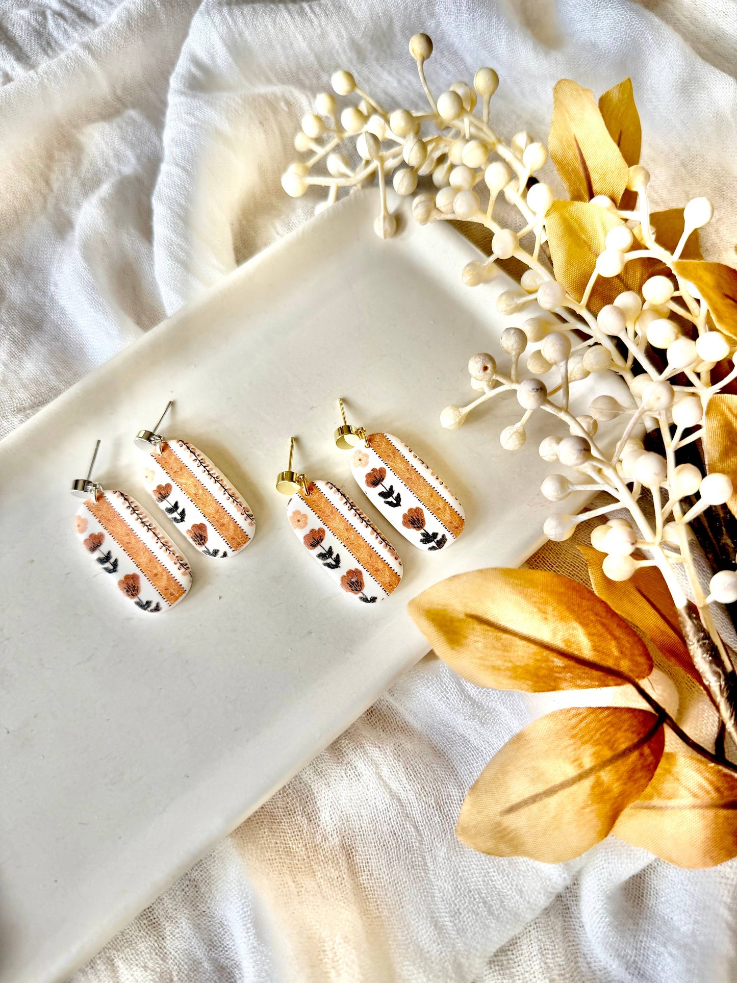 Fall Floral Earrings, Fall Clay Earrings, Neutral Earrings