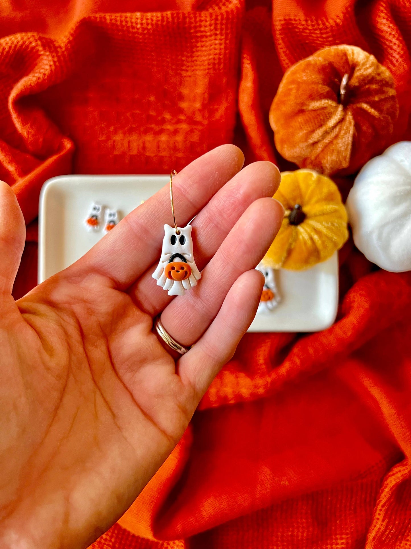 Ghost Cat Clay Earrings, Trick or Treat Earrings, Ghost Stud