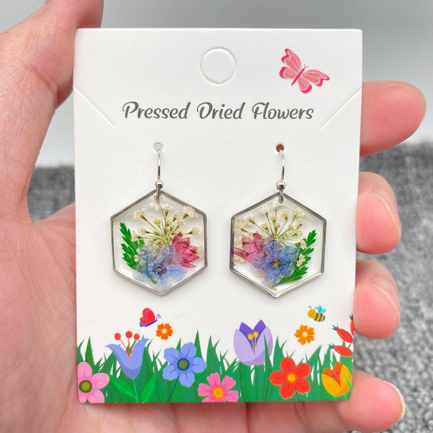 PDF - Genuine Pressed Dried Flower Hexagon Charm Earrings