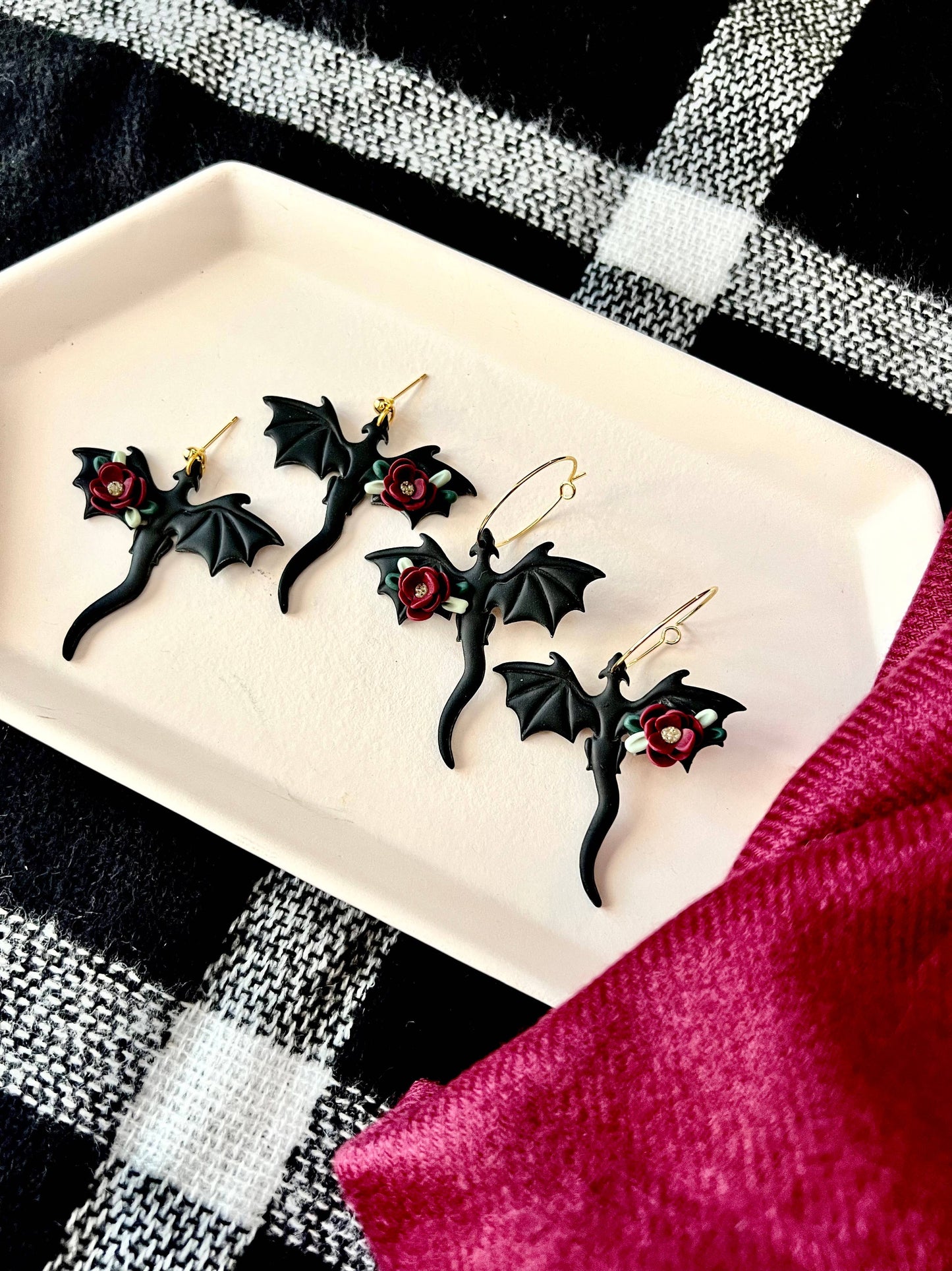 Dragon Rose Earrings, Dragon Clay Earrings