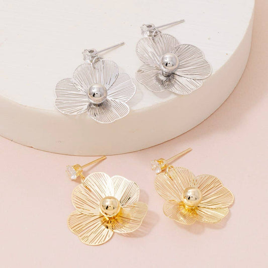 Cz Stud Golden Flower Drop Earrings