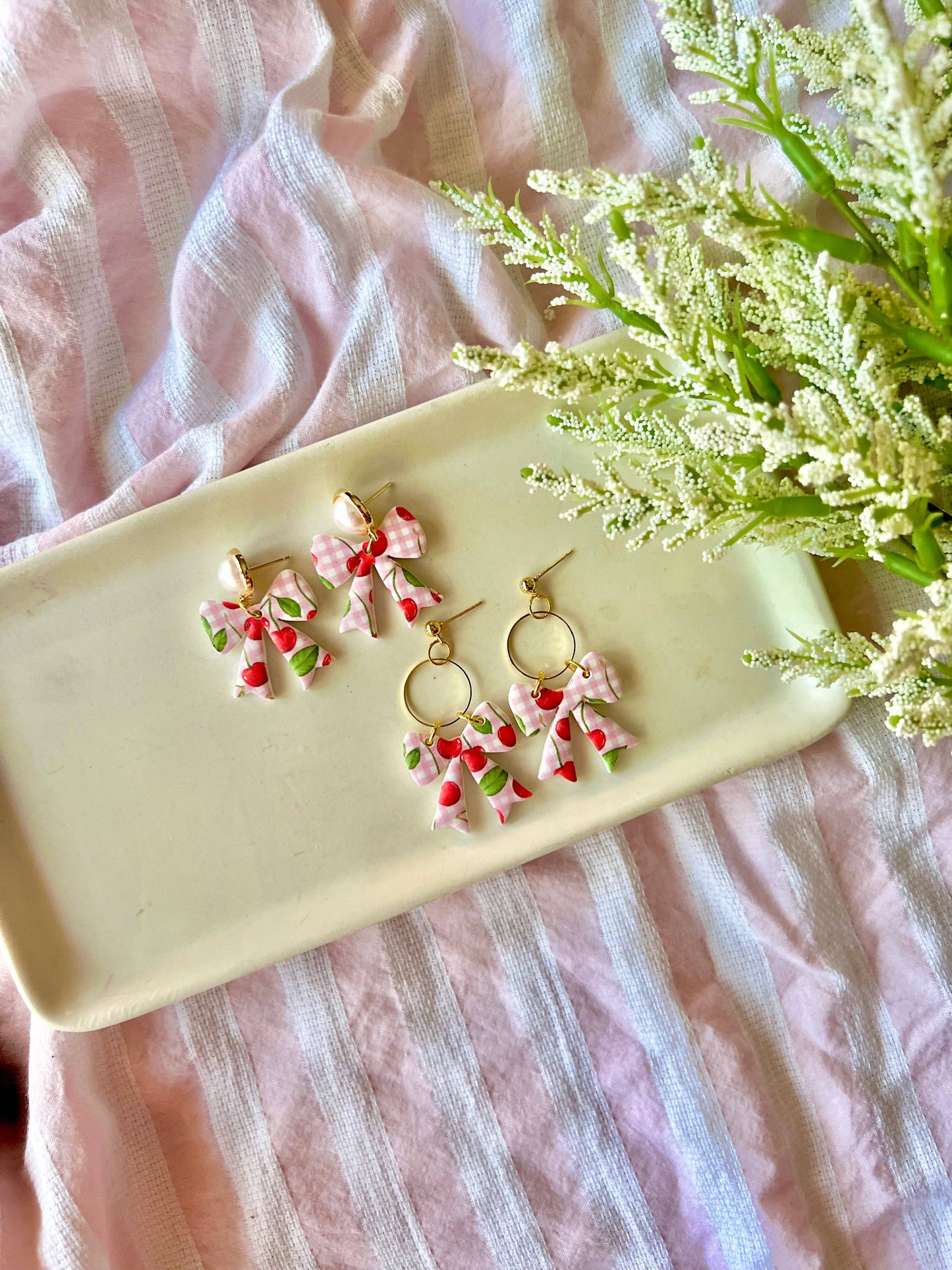 Cherry Bow Earrings, Cherry Clay Earrings, Bow Clay Earrings