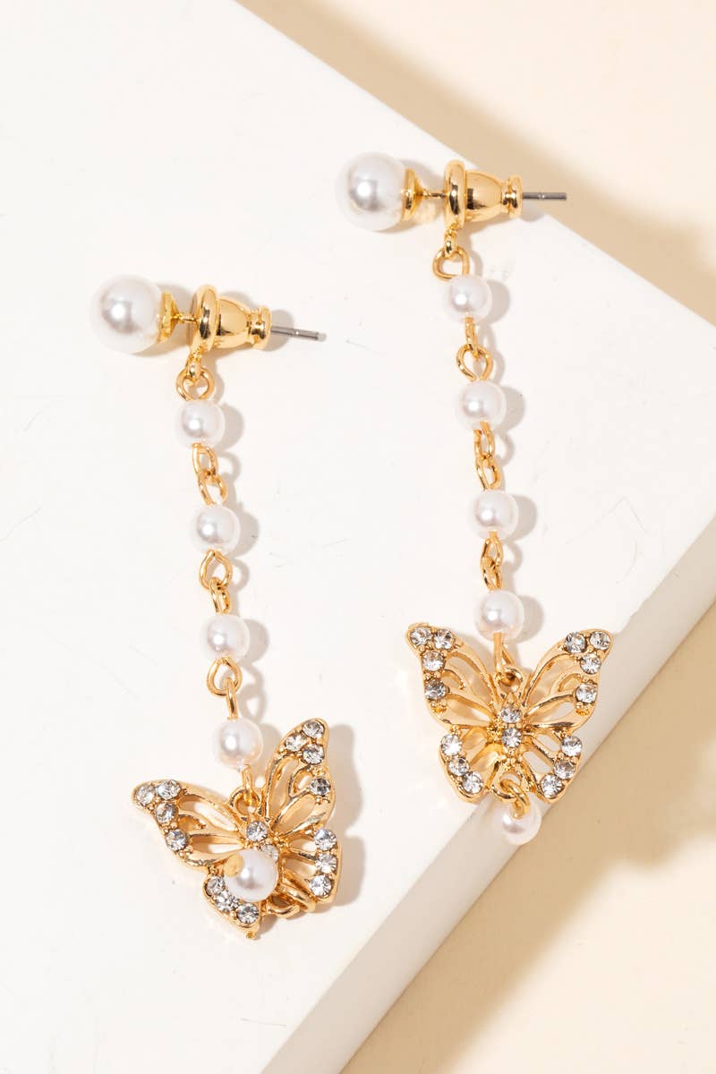 Pave Butterfly And Pearl Chain Dangle Earrings