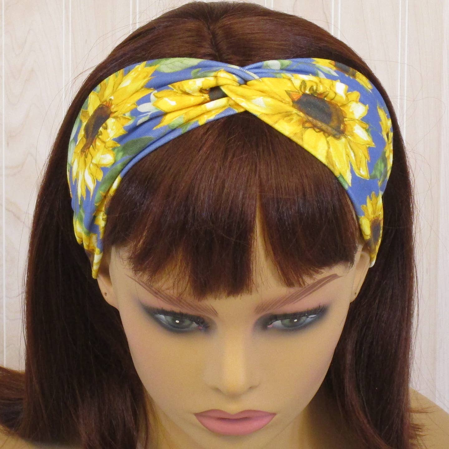 Sunflower Watercolor Print on Blue Knit Twist Headband