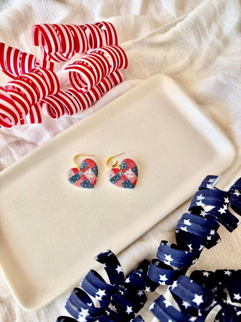 Patchwork Heart Earrings, Patriotic Heart Earrings, Heart Clay Earrings, Patriotic Earrings, July Fourth Earrings, July Clay Earrings