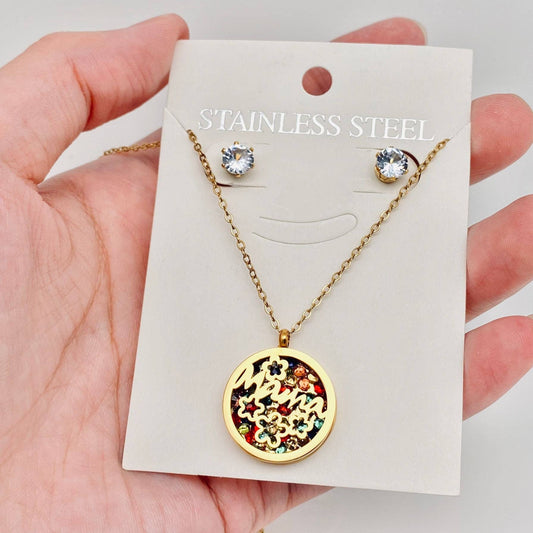 Mama 18K Gold Plated Stainless Steel Necklace and Ear Studs