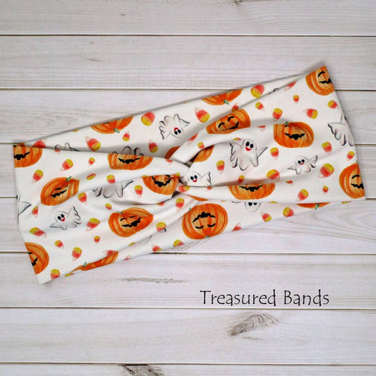 Pumpkins and Ghosts Halloween Knit Twist Headband