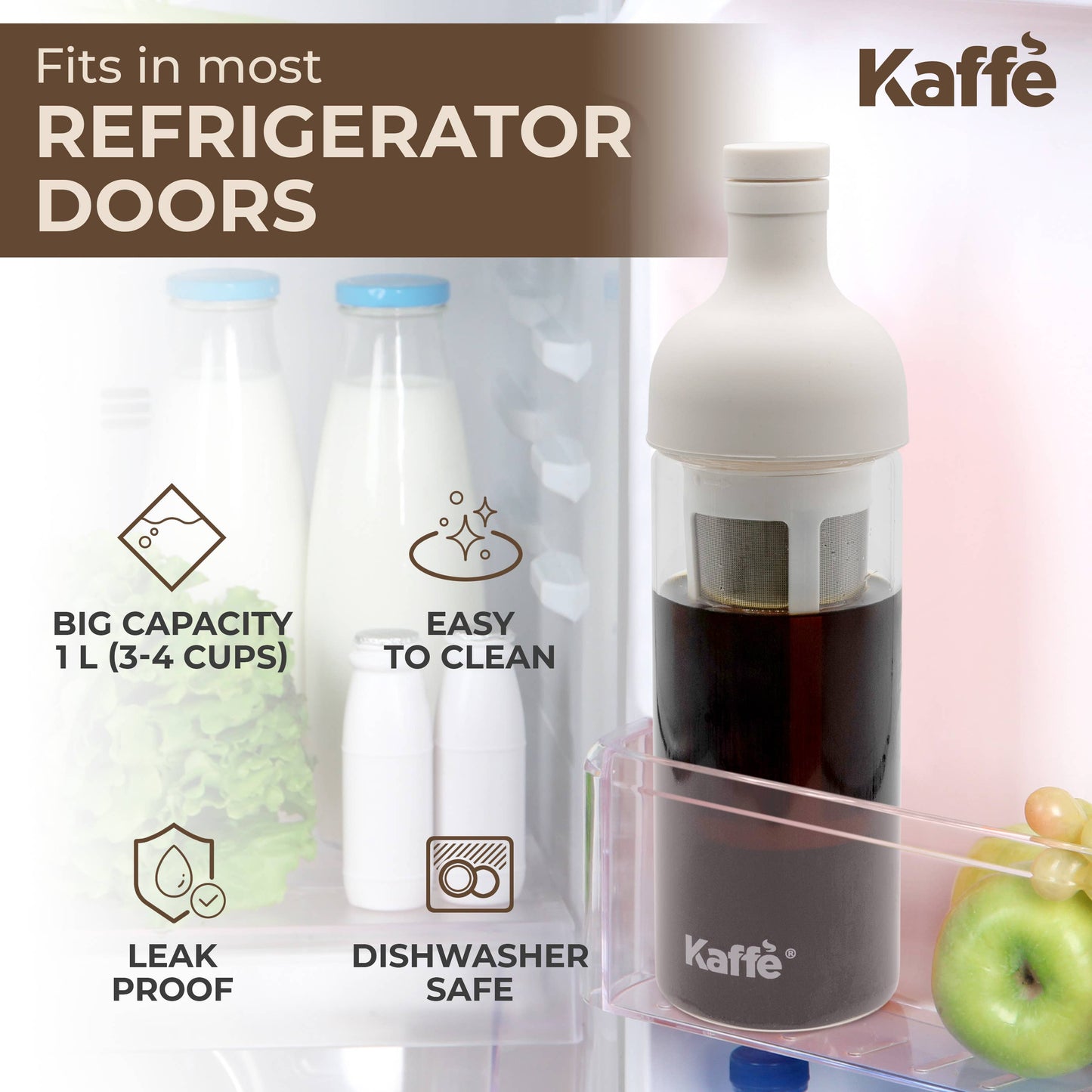 Kaffe Cold Brew Coffee Maker, Glass Coffee Pitcher. 1L