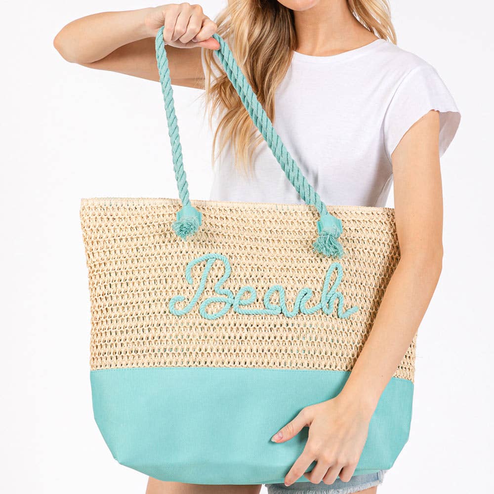 BEACH Message Embroidered Rope Handle Crochet Tote Bag