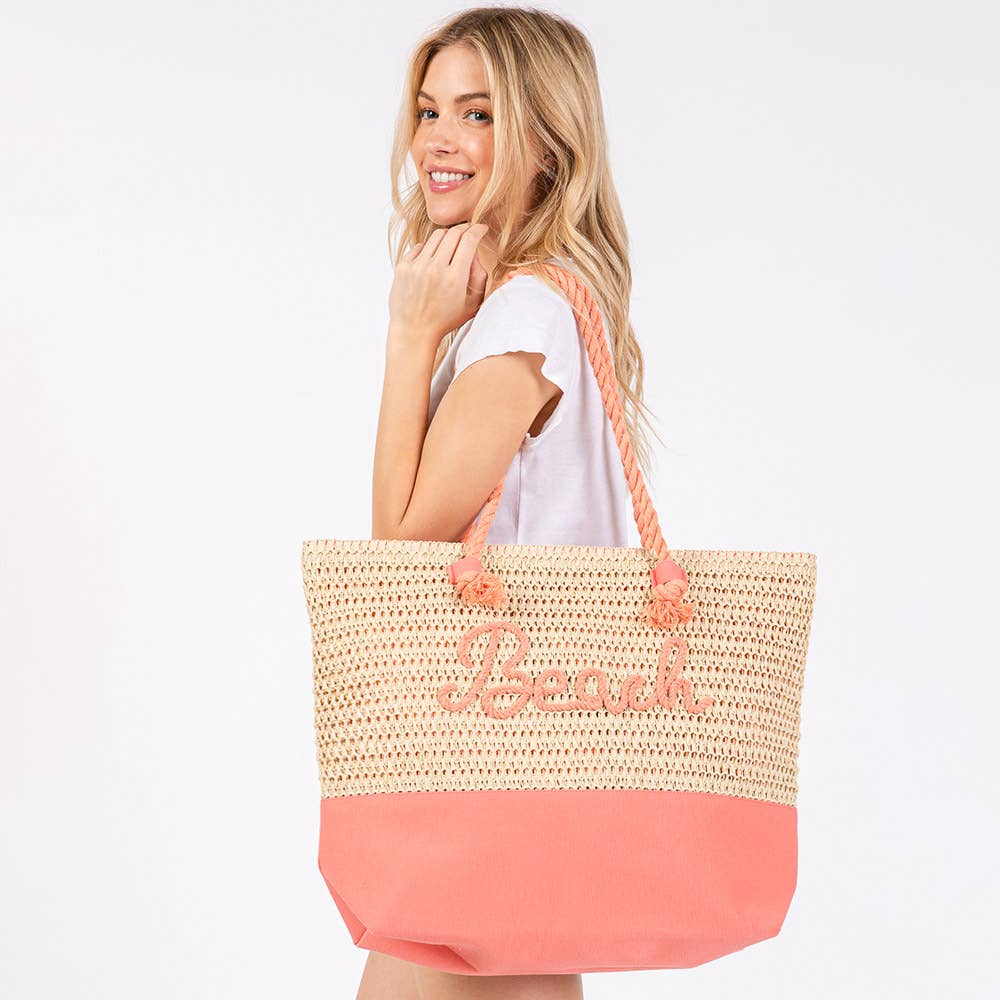 BEACH Message Embroidered Rope Handle Crochet Tote Bag
