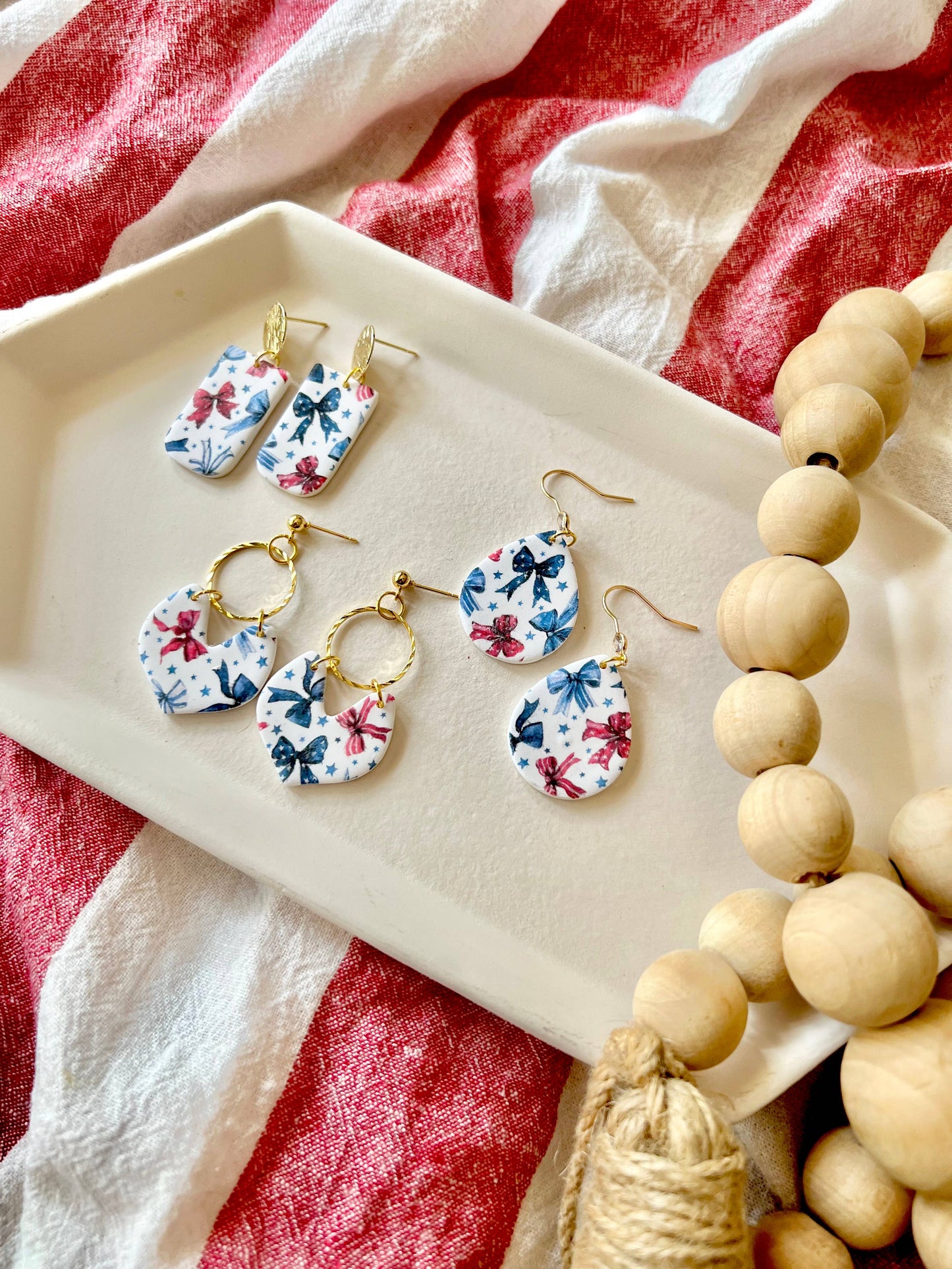 Patriotic Bow Earrings, Bow Clay Earrings