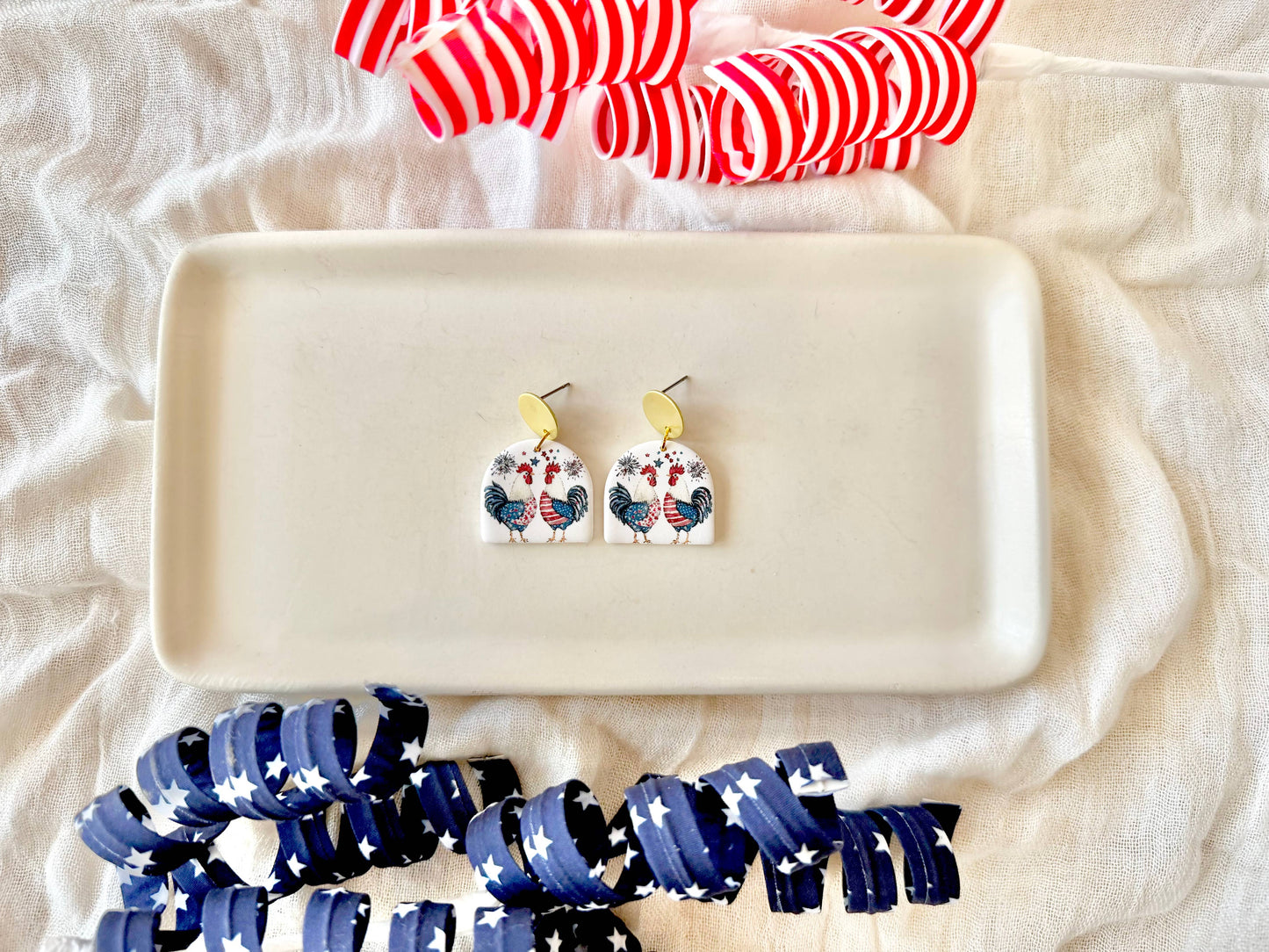 Patriotic Chicken Earrings, Chicken Clay Earrings